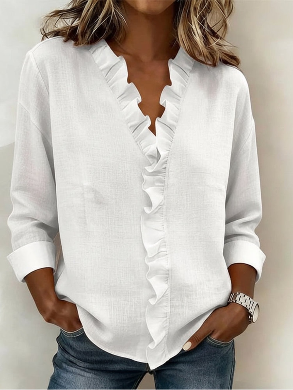 White Ruffle V-Neck Shirt Blouse